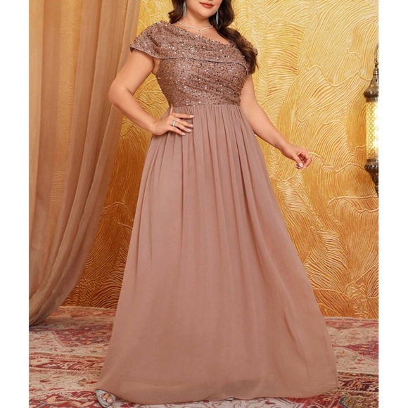 Plus Dusty Pink Sequin Flowy High Waisted Party Formal Wedding Dress - Picture 8 of 11